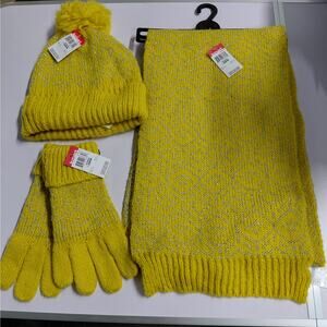 Womens Yellow Metallic Knit Winter Hat Scarf Glove Set Cozy Sparkly Holiday Gift